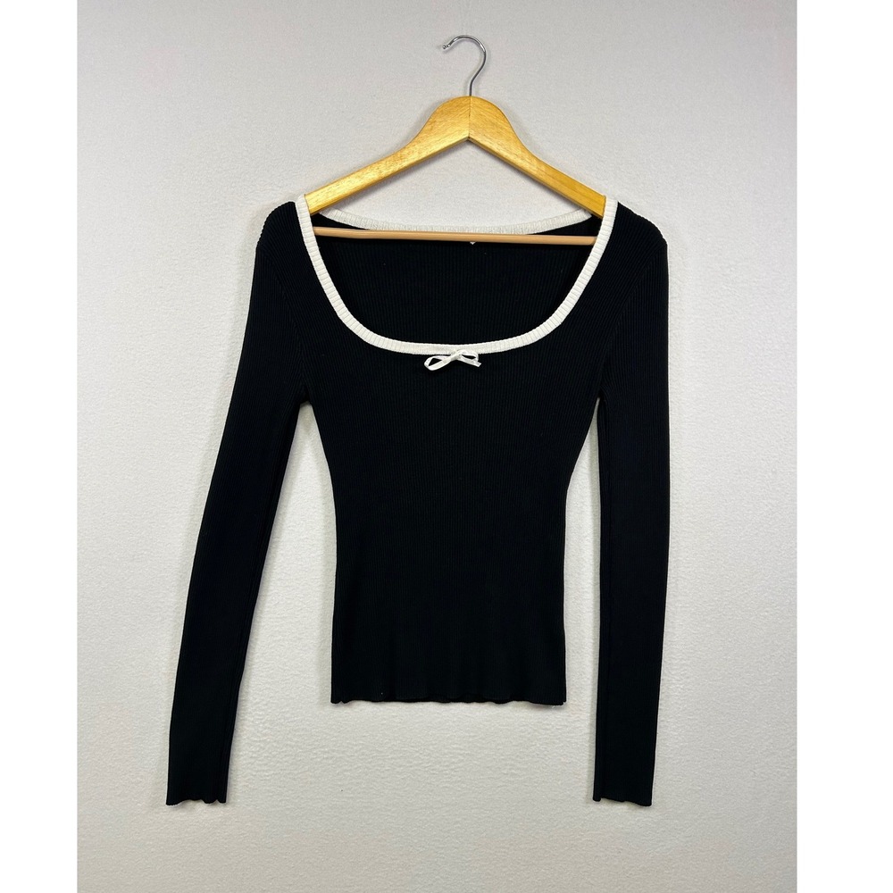 Coquette Balletcore Timing Womens Large Black White Bow Ribbed Long Sleeve Top